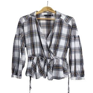 Vero Moda Plaid Wrap Peplum Blouse Long Sleeves Black White Mustard Check Top |M